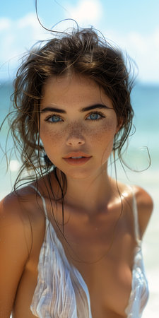 woman white bikini posing beach freckles nose ultra haired blue eyes face about perfectly shaded clothed summer heavily model sea gorgeous dating bosnian, generative aiの素材