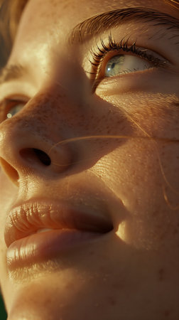closeup womans face freckles girl sun golden hour magazine flares young woman looking rosy cheeks, generative aiの素材