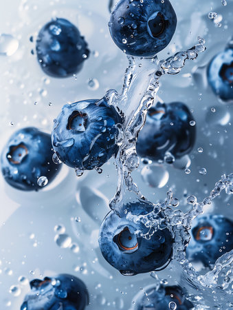 closeup blueberries being splashed deep poster template random lossless quality vivid blue eyes fresh fruit spilling juice oceans multiple layers, generative aiの素材