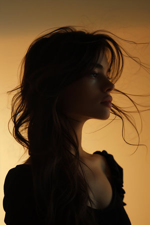 woman long hair profile light behind emote perfect nose portrait city sad lonely mellow vibes wind moves shirt feast alluring female android neckline furious haired women, generative aiの素材