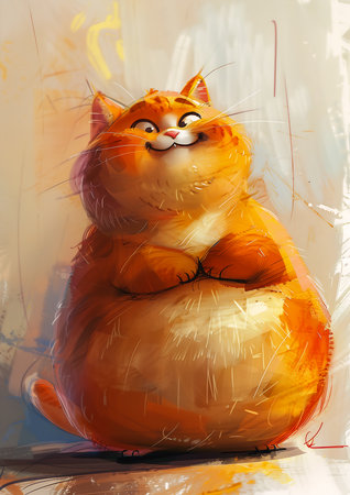 kitty cat kitten sitting table eyes closed obese greeting warmly aliased smiled face cheddar happy wise bouncy belly colored drawing marshmallow, generative aiの素材