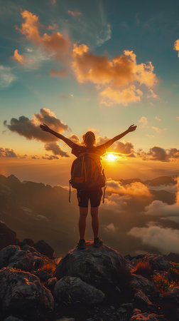 person standing rock arms outstretched wanderer mountain sunset big clouds behind held high triumph profile connecting life summer camp giantess live, generative aiの素材