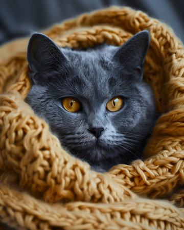 kitty cat kitten wrapped warm yellow scarf looking professional granny piercing grey eyes bourgeoise turtleneck coat human animal pearl queen necromancer luxury, generative aiの素材