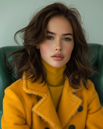 closeup woman yellow coat sitting green chair alluring lips haired anthropomorphic city body features face blue turtleneck portrait rose model aussie clothes, generative aiの素材