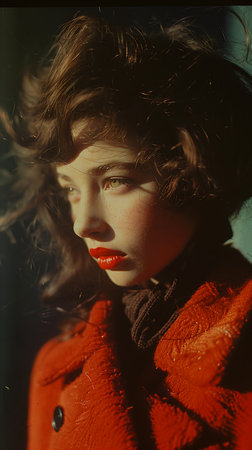 young girl red coat lipstick portrait intense sunlight baroque curls gazing eyes haunted vintage perfect human female specimen grimoire woman, generative aiの素材
