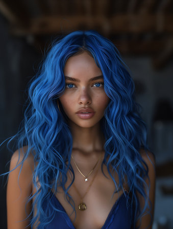 closeup woman blue hair necklace teenage fashion princess young mermaid walls girl vixen stunningly, generative aiの素材
