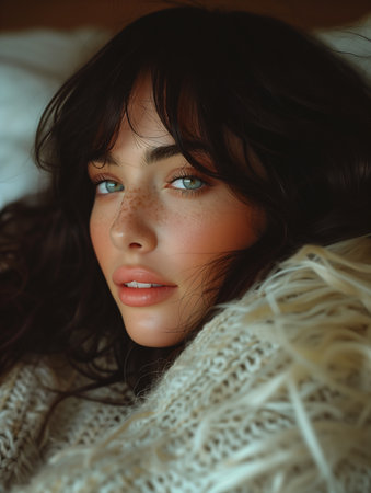 woman laying bed blanket talented portrait cute nose pale first snow winter small freckles dreamy princess curly bangs human features women, generative aiの素材