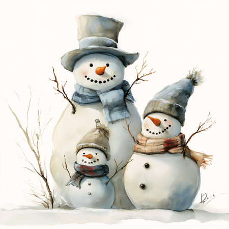 Snowman family in winter clothes and hats. Watercolor illustration.の素材