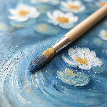 Paint brush and camomile flowers on blue watercolor backgroundの素材