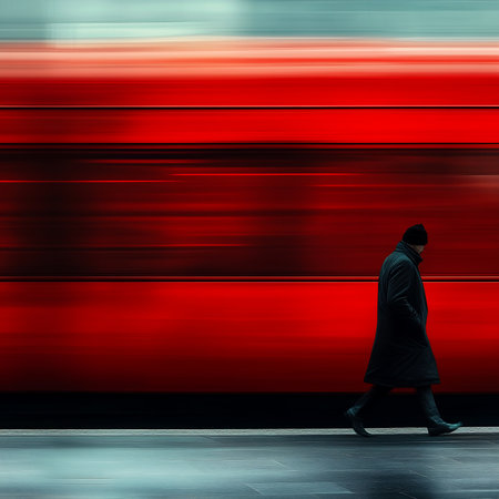 Man walking in front of a red train. Blurred motion.の素材