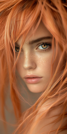 Portrait of a beautiful red-haired girl with freckles on her faceの素材