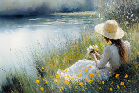 Girl in a hat with a bouquet of dandelions on the background of the lake.の素材