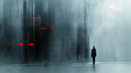 Silhouette of a man walking in the rain. 3d renderingの素材