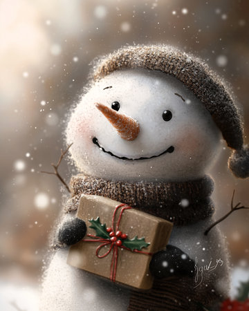 Snowman with gift box on bokeh background, closeupの素材