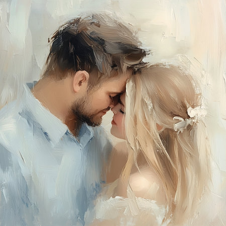 Digital painting of a loving couple kissing each other. Can be used as a background.の素材