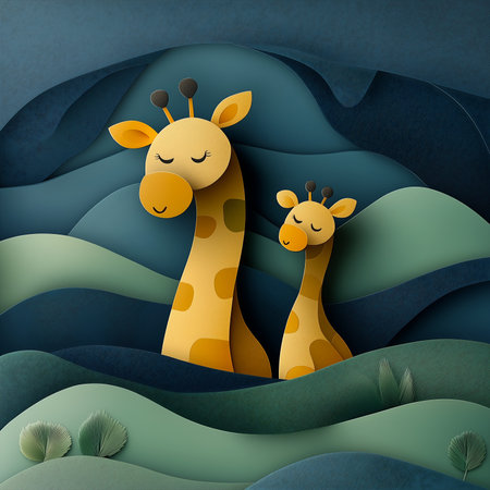 Giraffe family. Paper art style. Vector Illustration.の素材