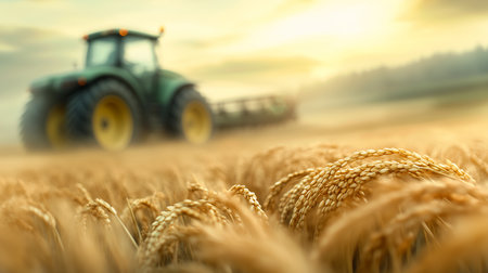 Wheat field. Tractor in wheat field. Harvesting timeの素材