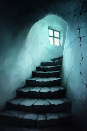 Staircase to the window in the cave. 3D renderingの素材