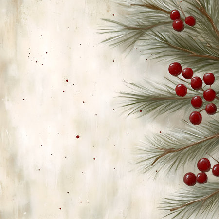 Christmas background with fir branches and red berries on old paper texture.の素材