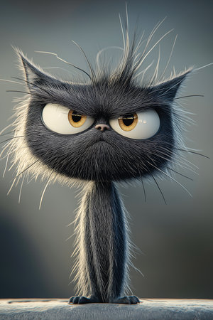 Funny black cat with big eyes looking at the camera on blurred backgroundの素材