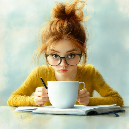 Portrait of a beautiful red-haired girl in a yellow sweater and glasses sitting at the table and drinking coffee.の素材