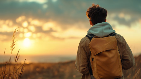 Rear view of a young man with a backpack standing on the edge of a cliff and looking at the sunset.の素材