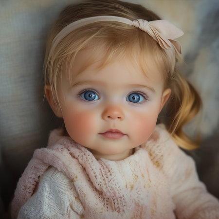 Portrait of a cute little girl with blue eyes in a pink sweaterの素材