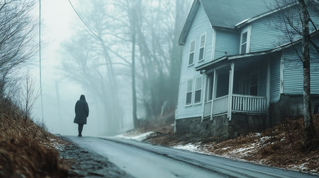 A woman in a black coat walks along a rural road in the fog.の素材