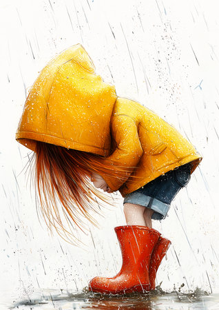 little girl in a raincoat and rubber boots on a rainy dayの素材