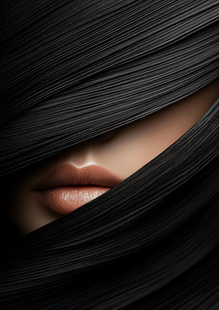 Close up portrait of beautiful young woman with long black hair. Beauty and fashion.の素材