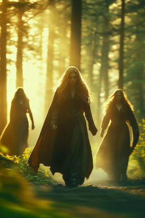 Fairy tale scene with two witches in the misty forest.の素材