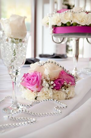 Wedding reception place ready for guests. pink color style accentの写真素材