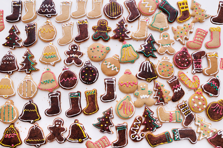 Homemade christmas cookies on  table. winter food patternの写真素材