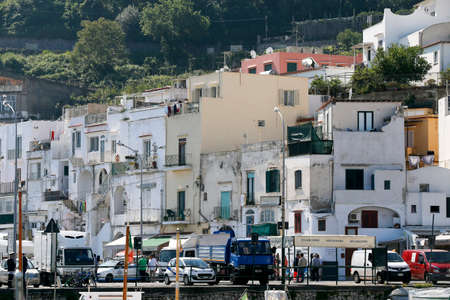 view of boat harbor or Marina Grande, on the Island of Capri, with buildings , a major tourist destination near Naples and Sorrento on the Tyrrhenian Sea, Bay (Gulf) of Naples.のeditorial素材