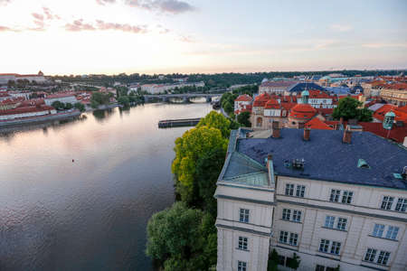 View of historics buildings and Vltava River in old downtown of Pragueのeditorial素材
