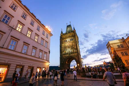 Prague, Czech Republic - may 31 2017 - Charles Bridge Karluv Most and Lesser Town Tower over river Vltava, Prague on the sunsetのeditorial素材