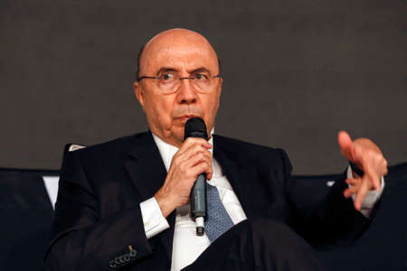Sao Paulo, SP, Brazil - aug , 24, 2017- Henrique de Campos Meirelles is brazilian's minister of finance and candidate for the presidency of brazil in this year's elections during a press conferenceのeditorial素材