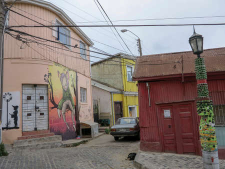 Valparaiso, Chile - jan 15 2014 Colourful street art decorating houses in the UNESCO World Heritage port city of Valparaiso in Chile Local artists use the city walls and buildings as their canvas.のeditorial素材