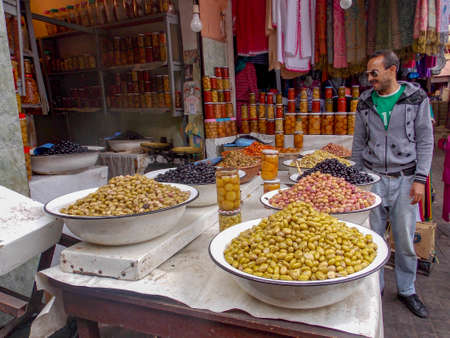 Marrakesh, Morocco - oct 21, 2012 - olives to sale on Jemaa el-Fnaa is a square and market place in Marrakesh's medina quarter (old city). It remains the main square of Marrakesh, used by locals and tourists.のeditorial素材
