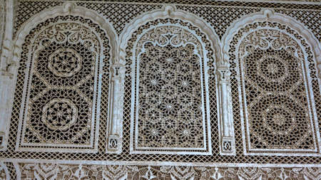 The marble craft and wooden painting at Bahia Palace in Marrakesh, Morroco