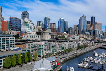 Seattle, Washington, USA - july 21, 2018 -  panoramic view of Marina and skyline of downtown Seattle,  Washington State, USAのeditorial素材