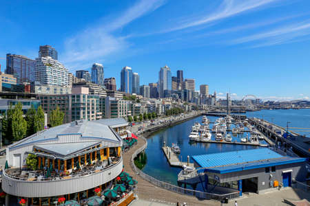 Seattle, Washington, USA - july 21, 2018 -  panoramic view of Marina and skyline of downtown Seattle,  Washington State, USAのeditorial素材