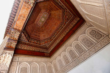 Marrakesh, Morroco - may 27, 2019: ceiling decoratedwith carved wood on Palace Bahia, turistic place in old city of Marrakesh, Morrocoのeditorial素材