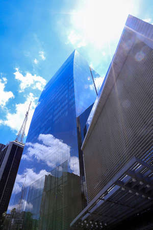 View of modern skyscrapers along Avenida Paulista in Sao Paulo, Brazil on sunny day