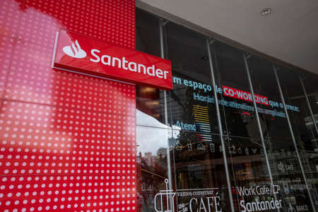 Sao Paulo, Brazil -  december 29 2019 - Logo of Santander, a Spanish multinational commercial bank...