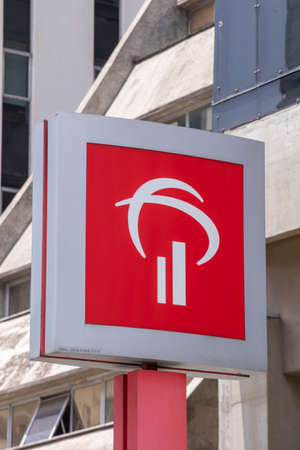 Sao Paulo, Brazil -  december 29 2019 - Closeup of the lettering and logo of  Bradesco bank branch....