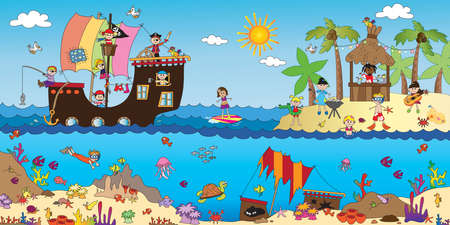 sea landscape with pirate ship, island and submarine worldの写真素材