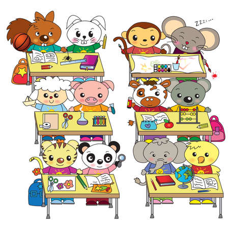 happy classroom in white blackground with animalsの写真素材