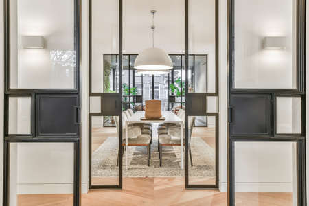 Elegance dining room with glass doors in attractive luxury styleの写真素材