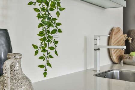 Interior of luxurious kitchen with elegance sink and tableの写真素材